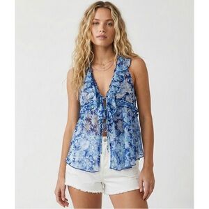 NWT Free People Fearless Knit Tank M Blue Coastal Combo Boho Ruffle Festival